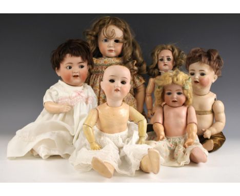 Simon &amp; Halbig, five bisque headed dolls, to include models 1909, 126, 122, two others, and a Heinrich Handwerck Simon &a