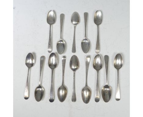 A set of six George III silver Teaspoons, by Hester Bateman, c.1770's, Old English pattern with bright cut decoration, 12cm l