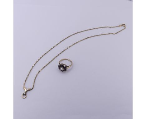 A 9ct yellow gold box link Chain Necklace, the front set with integral diamond point, 41cm long, together with a garnet and c