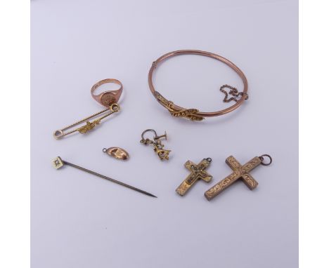 A hollow 9ct gold Cross Pendant,&nbsp;3.5cm long, together with a quantity of other damaged 9ct gold, including a hinged bang