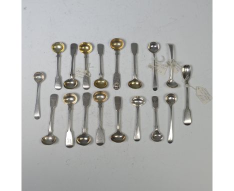 A set of three Victorian silver fiddle pattern Salt Spoons, by John Stone, hallmarked Exeter, 1850, the bowls gilded, handles