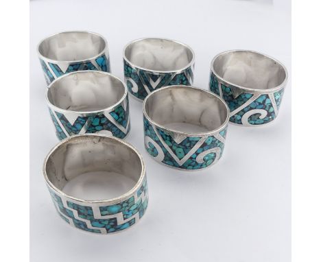 A set of six Mexican silver Napkin Rings, inset with turquoise, marked 'TZ-09 925 Mexico', approx. total weight 6.5ozt (6)