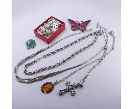 A silver woven front Necklace, 42.5cm long, together with a ropetwist silver necklace, total weight 60g, an enamelled butterf