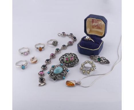 A 9ct yellow gold Ring, set cultured half pearl, Size N½, 1.3g, together with a small quantity of silver jewellery including 