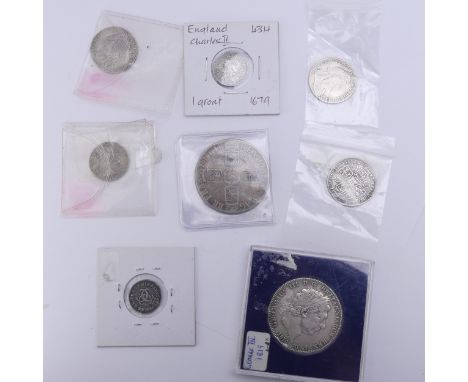 A George III Crown, dated 1819, together with two George II shillings, 1743 and 1758, a Charles II threepence and groat, both