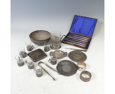 A pair of early George III silver Sugar Tongs, by William Cripps, c.1760's, together with two Eastern coin inset dishes, a si