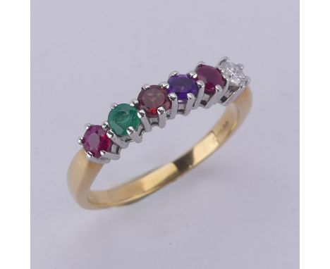 A 'REGARD' Ring, the circular ruby, emerald, garnet, amethyst, garnet and diamond, app approx. 3mm diameter, all claw set in 