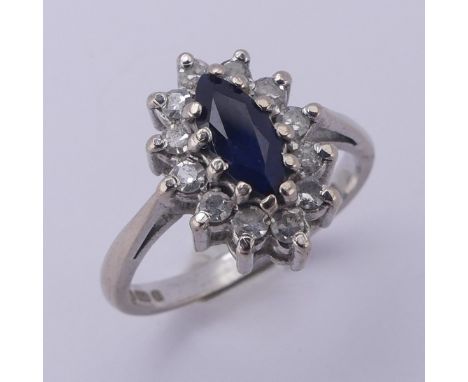 A sapphire and diamond cluster Ring,&nbsp;the facetted central sapphire surrounded by twelve circular diamonds, all claw set 
