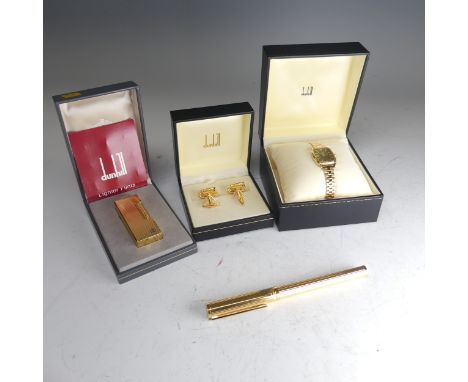 A vintage Dunhill gold plated ball point Pen, ref. 13039, with engine turned decoration, c. 1980's, together with a cased Dun