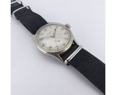 An WW2 period Moeris Wristwatch,&nbsp;with signed silvered dial, manual wind 15-jewels movement, the stainless steel caseback