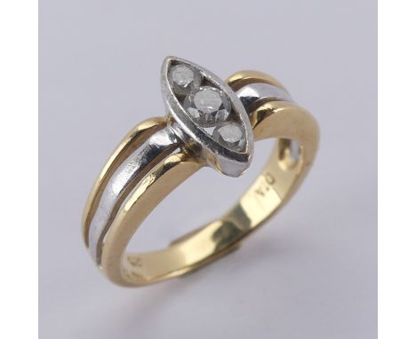 An 18ct yellow and white gold Ring, the front vertically set with three graduated diamonds in navette shaped mount, total dia