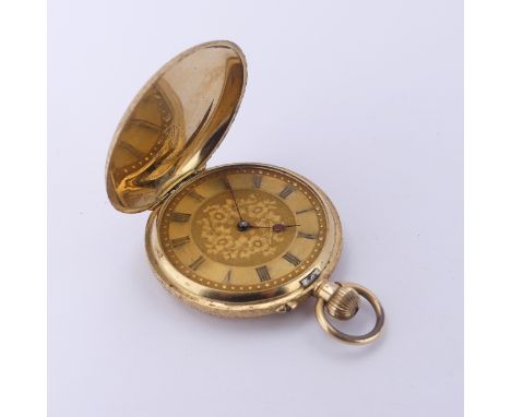 A Continental 18ct yellow gold hunter cased Fob Watch, gilt dial with Roman numerals, lacks glass, signed manual crown wind m