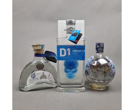3 Bottles Gin to include:   Sharish Blue Magic Gin,  D1 London Premium Cut Gin Snow Globe Orange &amp; Gingerbread Gin Liqueu