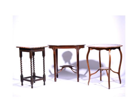 Edwardian mahogany window table, oval top, carved frieze, square tapering moulded legs joined by a shelf, 79cm x 52cm, height