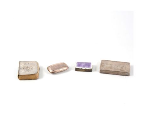 A silver and enamel pill box, mauve and white guilloche enamel cover, hallmarked Birmingham 1910, 40mm x 30mm, two small pray