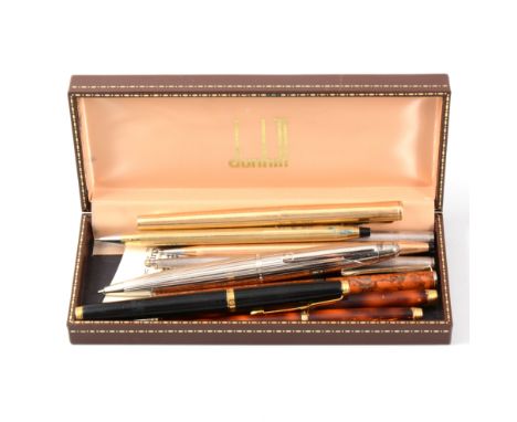 Ten Pens and Pencils, a vintage Alfred Dunhill ball point pen, a matching Dunhill ball point pen and fountain pen in a silver