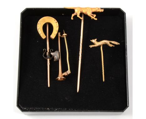 Three stick pins and a small bar brooch, yellow metal hound, fox and horseshoe stick pins, 40mm bar brooch having a rose cut 