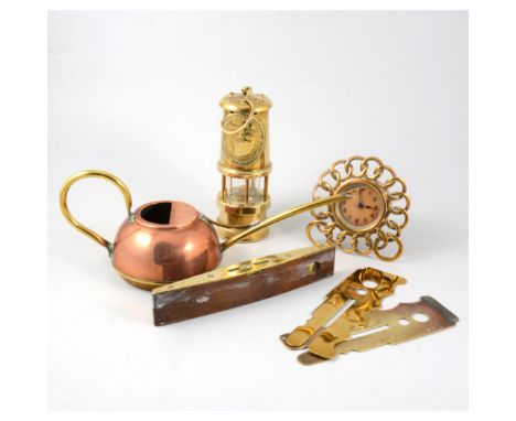 Four boxes of brassware and copperware, including a large quantity of horse brasses, plaques, scales, horse and cart model, p