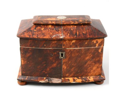 Victorian tortoiseshell sarcophagus-shape tea caddy, bun feet, 20cm (a.f.).