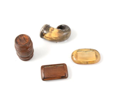 A Scottish horn snuff mull, 7cm, the hinged cover having a white metal rim, a plain horn snuff box and two wooden snuff boxes