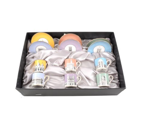 Wedgwood Grand Tour Collection set of cups and saucers boxed, along with eight plates from the same series. (9)