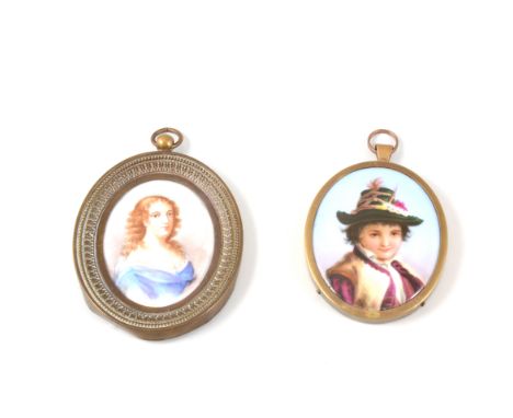 Two oval ceramic portrait miniatures, an Austrian boy 60mm x 50mm in a plain brass mount, a portrait of a lady with ringlets 