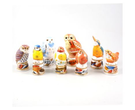 Eight Royal Worcester Connoisseur Collection bird candle snuffers, Blue Tit, Tawny Owl, Snowy Owl, Little Owl, Robin, Goldfin