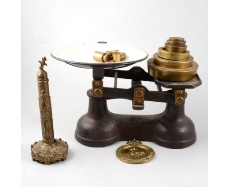 Set of cast iron balance scales, with matched weights; horse brass; and Victorian brass container in a Gothic arch sleeve.