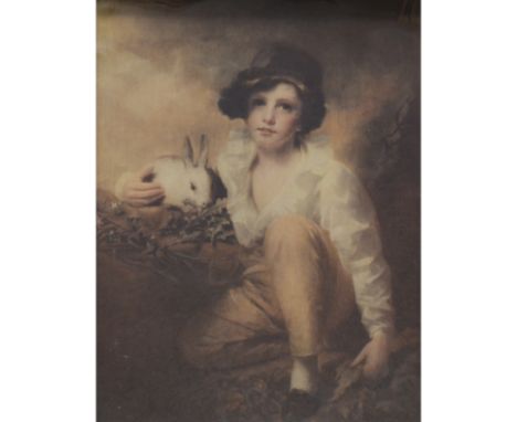 After Henry Raeburn Boy and Rabbit, a coloured print, 60cm x 46cm, a coloured print of cattle "The Drinking Pool" 33cm x 43cm