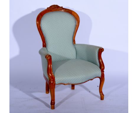 Victorian style stained beechwood hoop-back easy chair, cotton print upholstery, width 74cm.