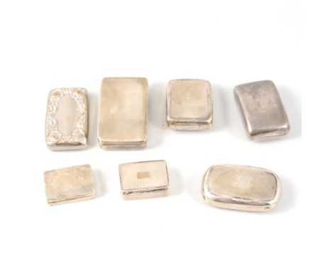 Six silver snuff/pill boxes and one silver-plated, three curved pocket shaped snuff boxes with gilded interiors, 66mm x 40mm 