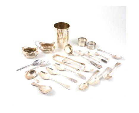 Various hallmarked silver spoons, teaspoons, bright cut sugar tongs, condiment spoons, Britannia silver rat tail design caddy