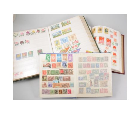 Ace Herald stamp album, loose leaves, and contents of world stamps; two other stamp albums, stock book and loose stamps.