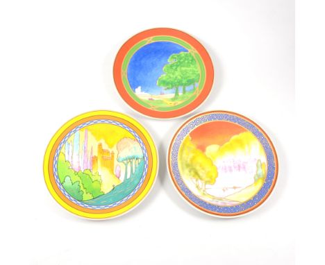Royal Worcester Art Deco plates, Morning River, Blue Lagoon, Swallows at Dusk (2), Castles in the Air, Lazy Days, Sails at Su