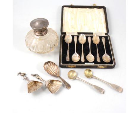 A tray of silver and plated flatware, a cased set of silver coffee spoons, Birmingham 1939, two silver caddy spoons, two silv
