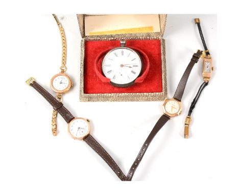 A collection of watches, a silver open face pocket watch, five other lady's vintage wrist watches with gold cases to include 