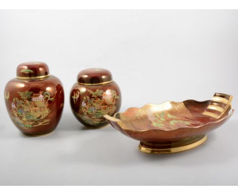 Carltonware Rouge Royale oval dessert dish, decorated with wading birds and trees, 30cm and two Rouge Royale ginger jars, (3)