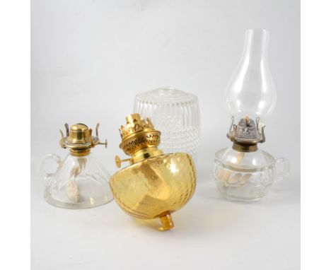 Collection of oil lamp parts, shades, finials, etc.