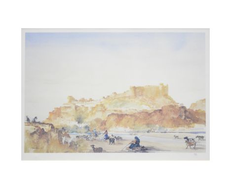 After Sir William Russell Flint, landscape, with a castle on a hill, colour print, limited edition No.205/500, with blind sta