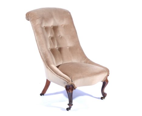 Victorian nursing chair, scrolled back, serpentine seat, button dralon upholstery, walnut French cabriole legs, on castors, 5