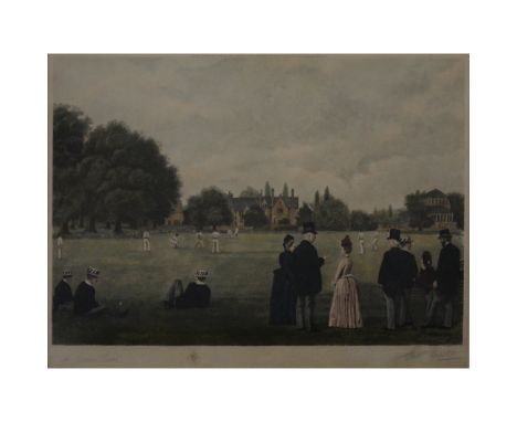 Colour print, A Cricket Match at Rugby School, published 1889 by Dickinson & Foster, blind stamp and pencil signatures, 39cm 