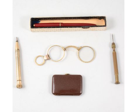 A Parker pen, vintage pencils, lorgnette missing one lens, small leather stamp holder, etc.