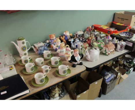 Quantity of novelty & decorative teapots and meakin coffee set, plated tray, glass decanter and 4 glasses