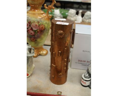 Hand made cylindrical copper lamp base with relief decoration