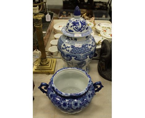 Chinese blue and white pottery urn and cover + blue and white planter