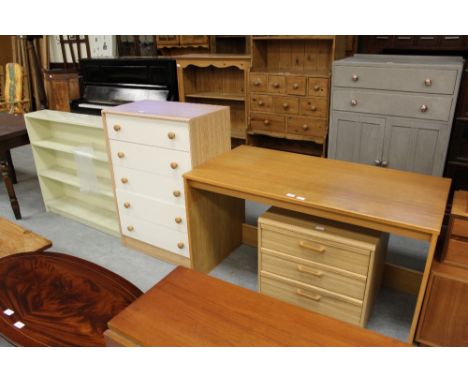 Oak finish desk, two chests of drawers, painted shelf unit