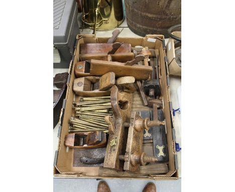 Continental plough plane, various tools and large brass screws