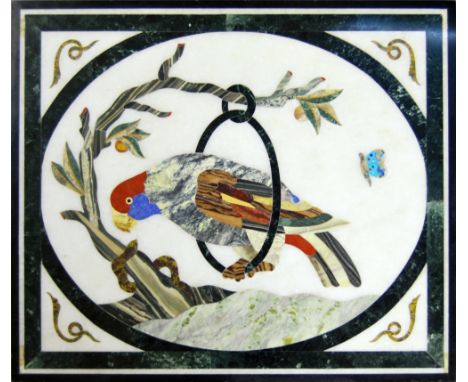 An Italian rectangular marble inlaid pietra dura table top, 20th century, with central parrot on ring perch looking at a snak