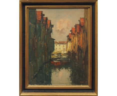 Early/Mid 20th century- Canal Scene, possibly Venice; oil on canvas, bears label for with J J Patrickson & Son Ltd, 247-249 F