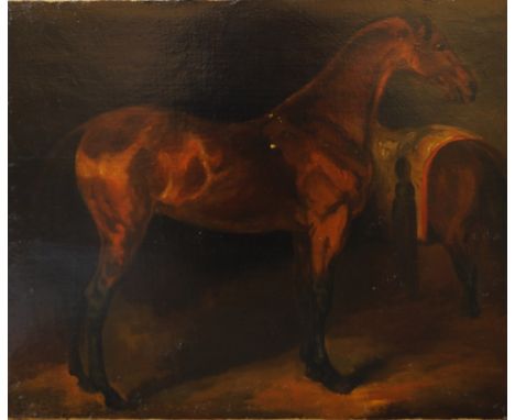 After Jean-Louis André Théodore Géricault, French 1791-1824- "Spanish Horses"; oil on canvas, 46.5x58cm., (unframed)
 CONDITI